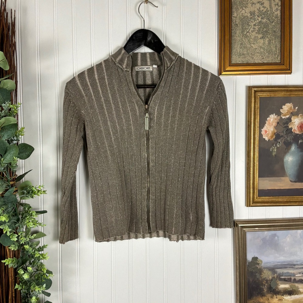 Cherokee Zip Up Sweater Girls 9-10 Brown Excellent Y2K Ribbed Knit Mock Neck